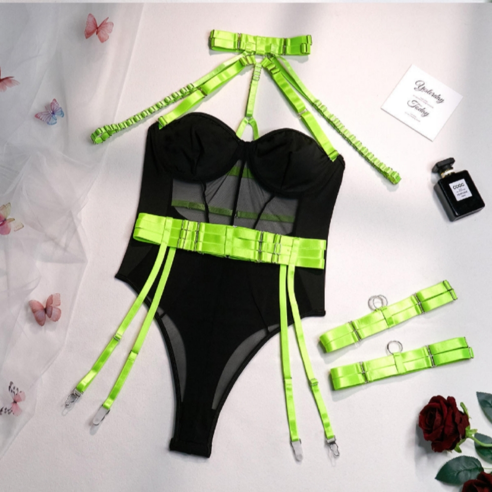 Black bodysuit with a pop of neon green